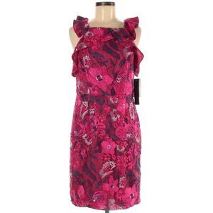 H Halston Bright Raspberry Sleeveless Embroidered Floral Ruffle Sheath Dress 2